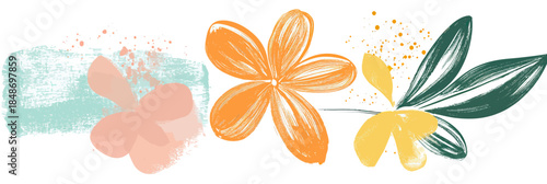 Abstract hand drawn floral design with orange and yellow flowers green leaves ink brush strokes minimalist vector art concept for nature decoration and botanical illustration