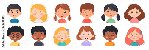 Diverse kindergarten children faces avatar set with various hairstyles smiling multicultural boys girls flat vector illustration