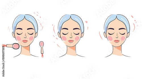 Beauty woman applying facial skincare products with brush and spoon and massaging face in relaxation and self care routine flat vector illustration set