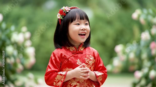Happy Young Asian Girl Wearing Traditional Red Qipao With Golden Embroidery And Floral Headband Waving Hello In A Lush