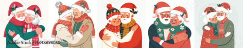vector half body of old couple giving a warm hug at Christmas