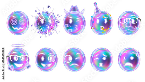 3D iridescent holographic glass dizzy, cowboy, disguised, smilling, nerd, monocle, confused, worried, party, exploding  face emoji icon set with transparent PNG background 16:9 illustration