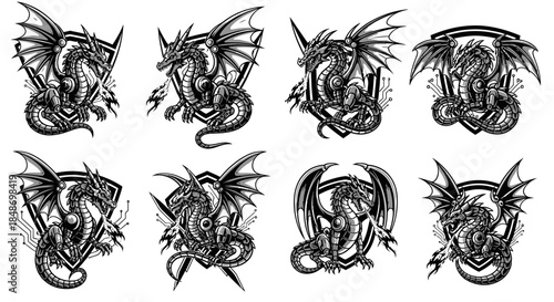 Collection of Hand Drawn Dragon Illustrations.