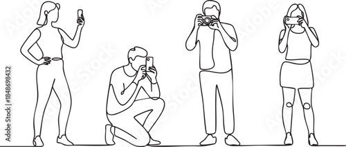 Continuous line drawing of a man and woman taking pictures with mobile phones in side view, black and white minimalist line art vector illustration