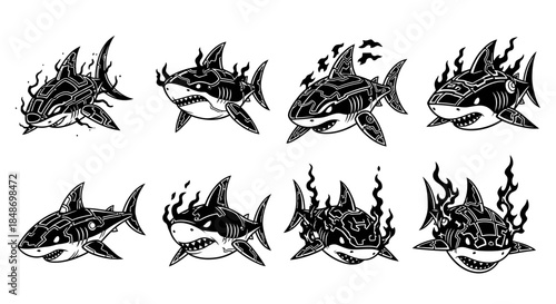 Collection of Shark Illustrations in Various Styles.