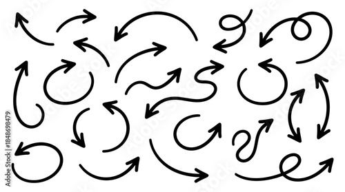 Hand drawn doodle arrows set collection of curved and swirly directional icons in black outline style