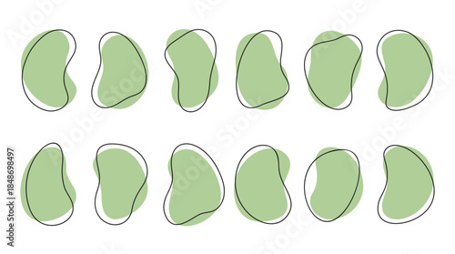 Set of twelve abstract organic shapes, blobs, or fluid forms in light green color with dashed black outline, modern design elements