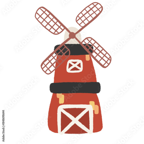 Hand Drawn Farm Barn with Windmill, Cute Rural Illustration PNG