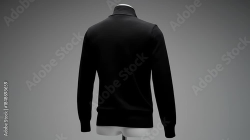 Black Long Sleeve Mock Neck Sweater Displayed on Mannequin Gray Background Studio Lighting