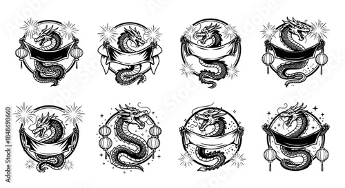 Eight Unique Snake Illustrations in Circle Frames.