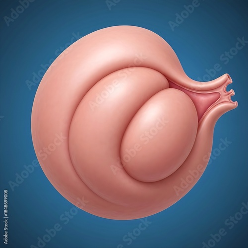 Ovarian Germ Cell Tumor (Dysgerminoma) depicted as a large, homogeneous, soft, pink-tan mass replacing the ovary's structure. The surface is smooth but lobulated. Blue background,  focus on youthful p