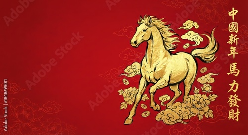 A stylized golden horse dashes across a vivid red background, a dynamic image exuding both power and grace, ideal for themes of fortune, prosperity, and the spirit of the year.