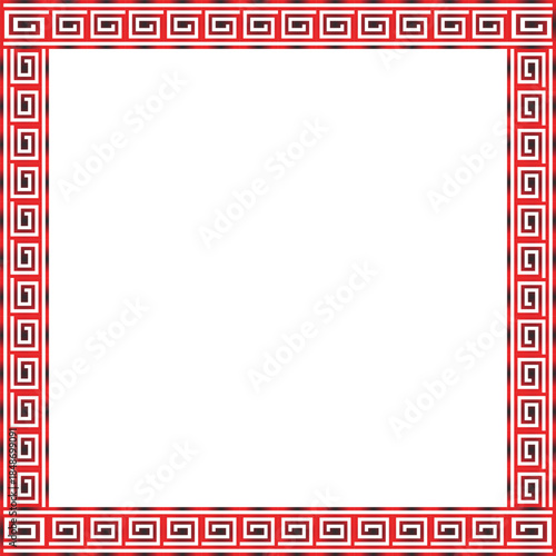Decorative Red and Black Greek Key Patterned Border Frame on a White Background