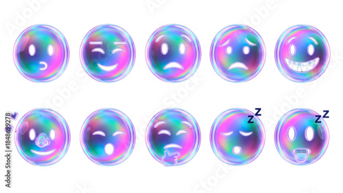 3D iridescent glass holographic emotional smirking, relieved, pensive, sleepy, drooling face emoji icon set with transparent PNG background 16:9 illustration