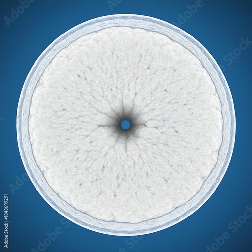 Ovarian Cystadenofibroma depicted as a white, solid, and cystic tumor with a distinctive, dense, fibrous stroma clearly visible in a cross-section of the mass growing on the ovary. Blue background,  c