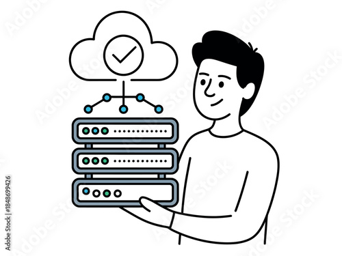 Man Holding Cloud Server Stack with Checkmark Symbol and Network Connection Lines