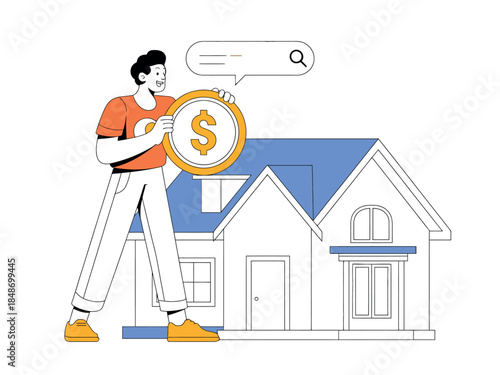 Man Holding Dollar Coin in Front of House with Blue Roof and White Walls