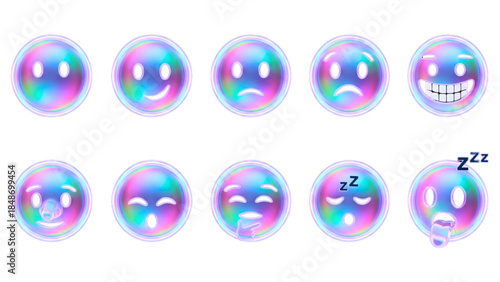 3D iridescent glass holographic emotional smirking, lying, relieved, pensive, sleepy, drooling face emoji icon set with transparent PNG background 16:9 illustration