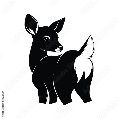 Charming monochrome illustration of a young deer fawn, showing its distinctive white tail, looking back playfully