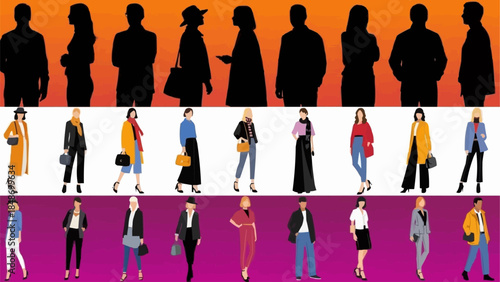 Diverse group of people showcasing various fashion styles and silhouettes.