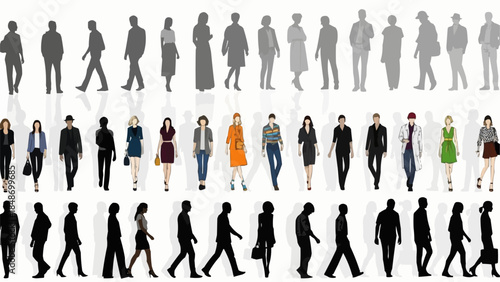 Collection of diverse human figures in silhouette and full color walking poses.