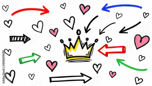 Golden Crown Surrounded by Hearts and Arrows.