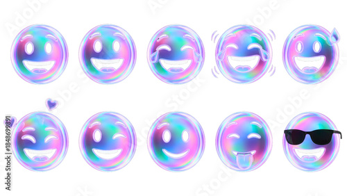3D iridescent glass holographic emotional grinning, smilling, fun, joy, sweat, sunglasses face emoji icon set with transparent PNG background 16:9 illustration