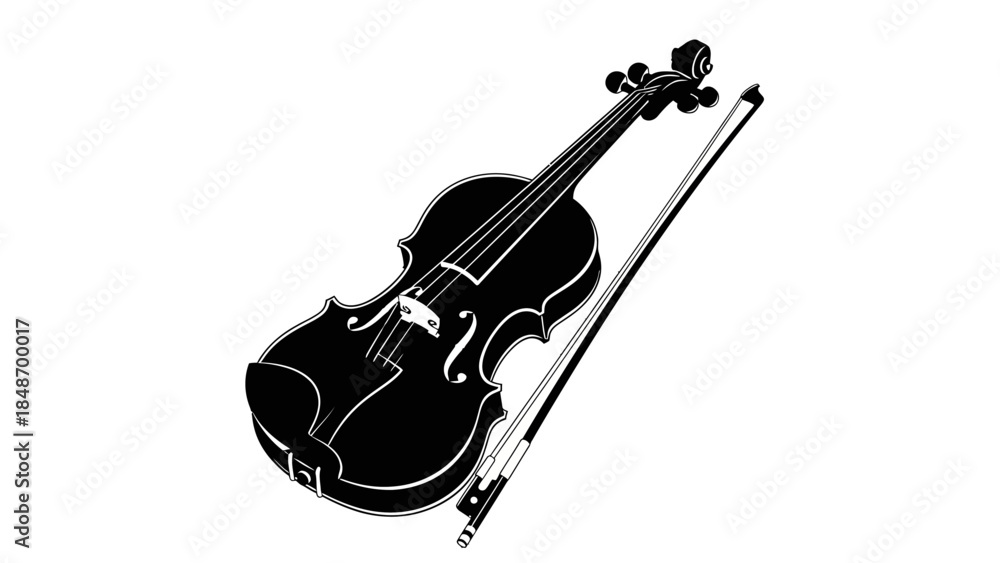 Obraz premium Minimalist black and white illustration of a classic violin with bow on a plain background