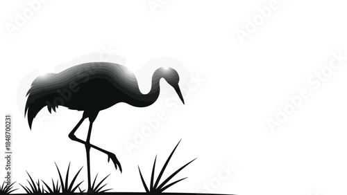 Minimalist Silhouette of a Heron Standing Amid Wetland Vegetation in Black and White Illustration