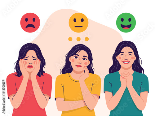 Emotional Expressions of Three Women with Different Facial Reactions and Emotions