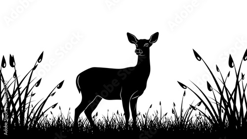 Silhouette of a graceful deer standing among tall grass in a minimalistic black and white landscape