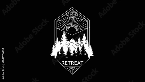 Minimalist black and white geometric illustration of a serene retreat with forest and mountain