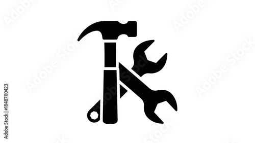 minimalist black and white icon of a hammer and wrench representing tools for repair and