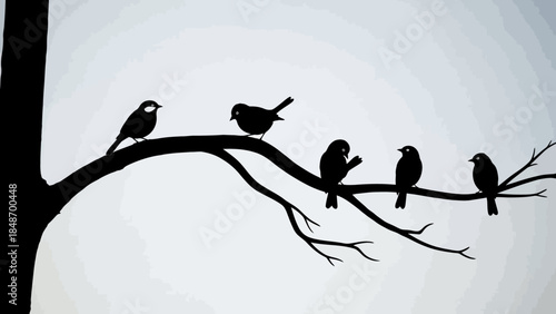 Minimalist Black and White Illustration of Six Birds Perched on a Tree Branch