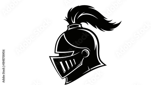 Stylized Black and White Illustration of a Futuristic Knight Helmet with a Dynamic Crest