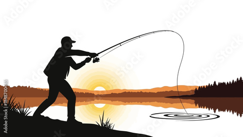 Silhouette of a person fishing at sunrise over tranquil lake with distant trees