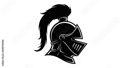 Stylized black and white warrior helmet with plumed crest emphasizing strength and tradition
