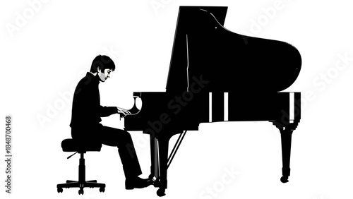 Silhouette of a young man playing a grand piano depicted in pure black and white style