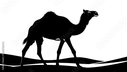 Silhouette of a Bactrian Camel Traversing Desert Dunes Under Minimalist Sky