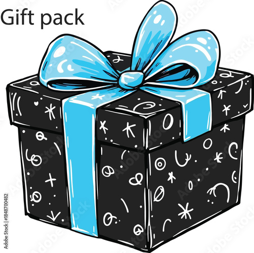 Christmas Gift Box Vector Illustration Black Present with Blue Ribbon Bow Surprise Package Birthday Holiday Graphic Art