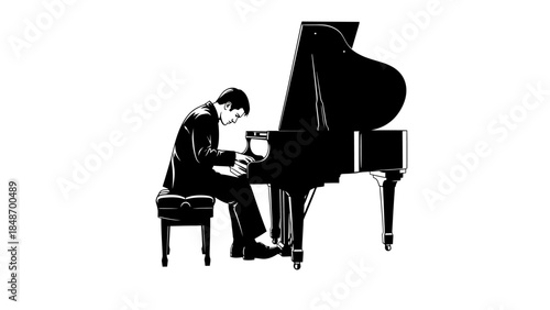 Silhouette of a pianist absorbed in playing the grand piano with a focused posture in a minimalist
