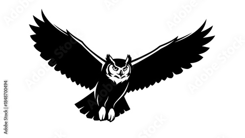 stylized black and white illustration of an owl with outstretched wings showcasing detailed