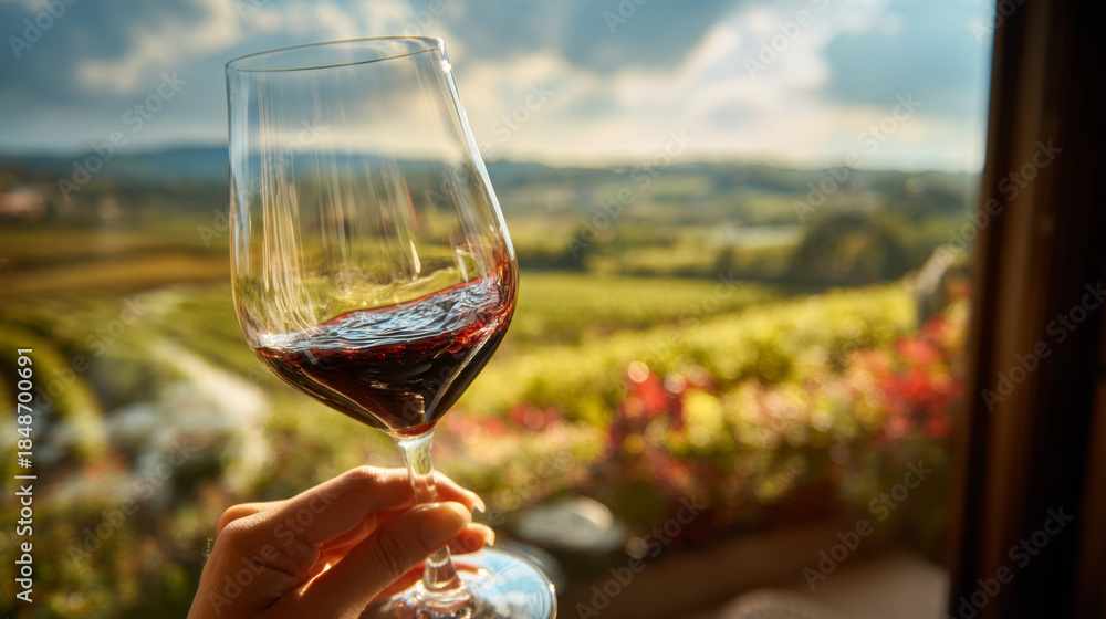 Fototapeta premium Glass of Red Wine with Vineyard View at Sunset