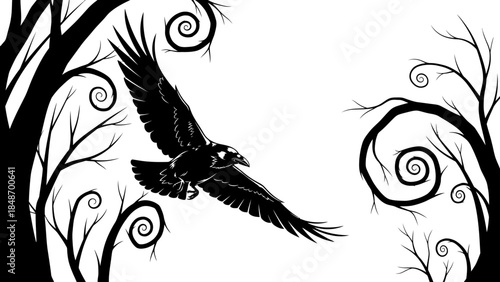 Black and White Silhouette of a Bird in Flight Among Twisted Tree Branches Artistic Illustration