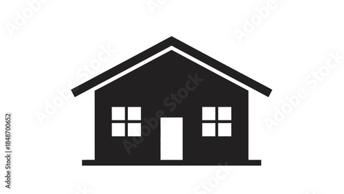 Minimalist black silhouette of a cozy house with four windows and a central door under a gabled roof