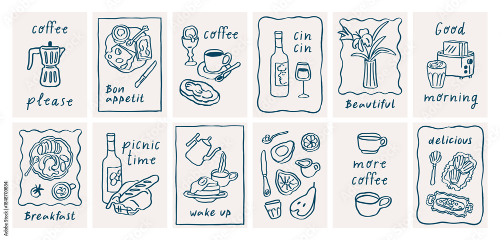 Fototapeta premium Breakfast cards in doodle Dolce Vita style. Italian posters with morning phrases, snacks, coffee cup, moka pot, flower sketches, scribbles in whimsical coquette frames. Hand-drawn vector illustrations