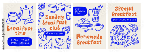 Breakfast posters set. Cafe flyer card designs, placards in modern doodle style with coffee, pancakes, egg and morning snacks, food and drink offers, whimsical typography. Flat vector illustrations