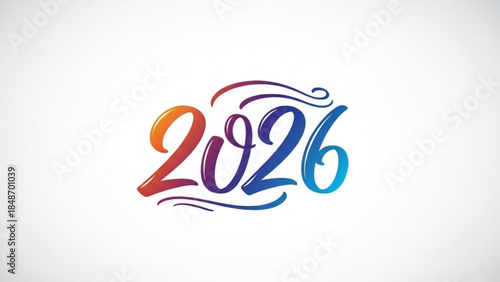 Vibrant colorful 2026 typography design element with swirling lines on white background for celebrations and festivities