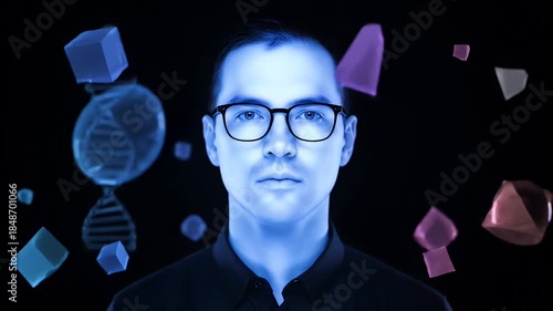 Futuristic Man With Blue Neon Glow Surrounded By Floating Geometric Shapes And DNA Helix Structure In Dark Studio