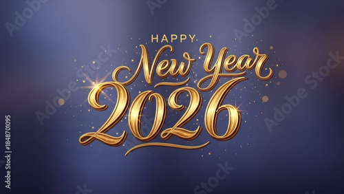 Happy new year 2026 gold text with sparkles on dark blue background